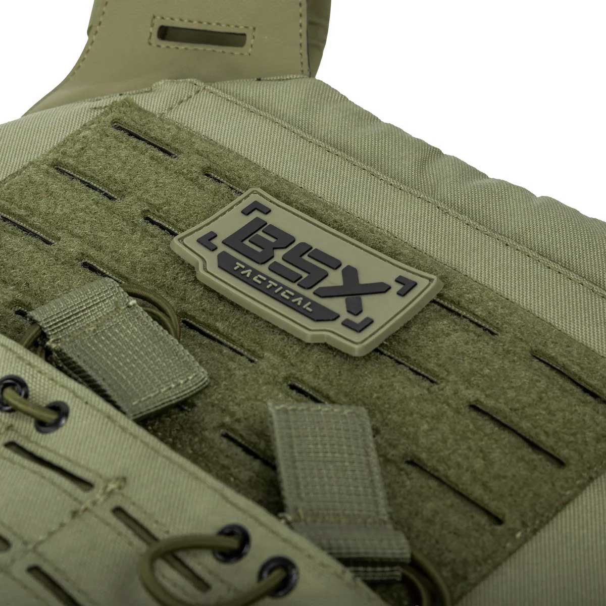 Close up patch on olive green BSX Plate Carrier LC for airsoft and paintball on a white background