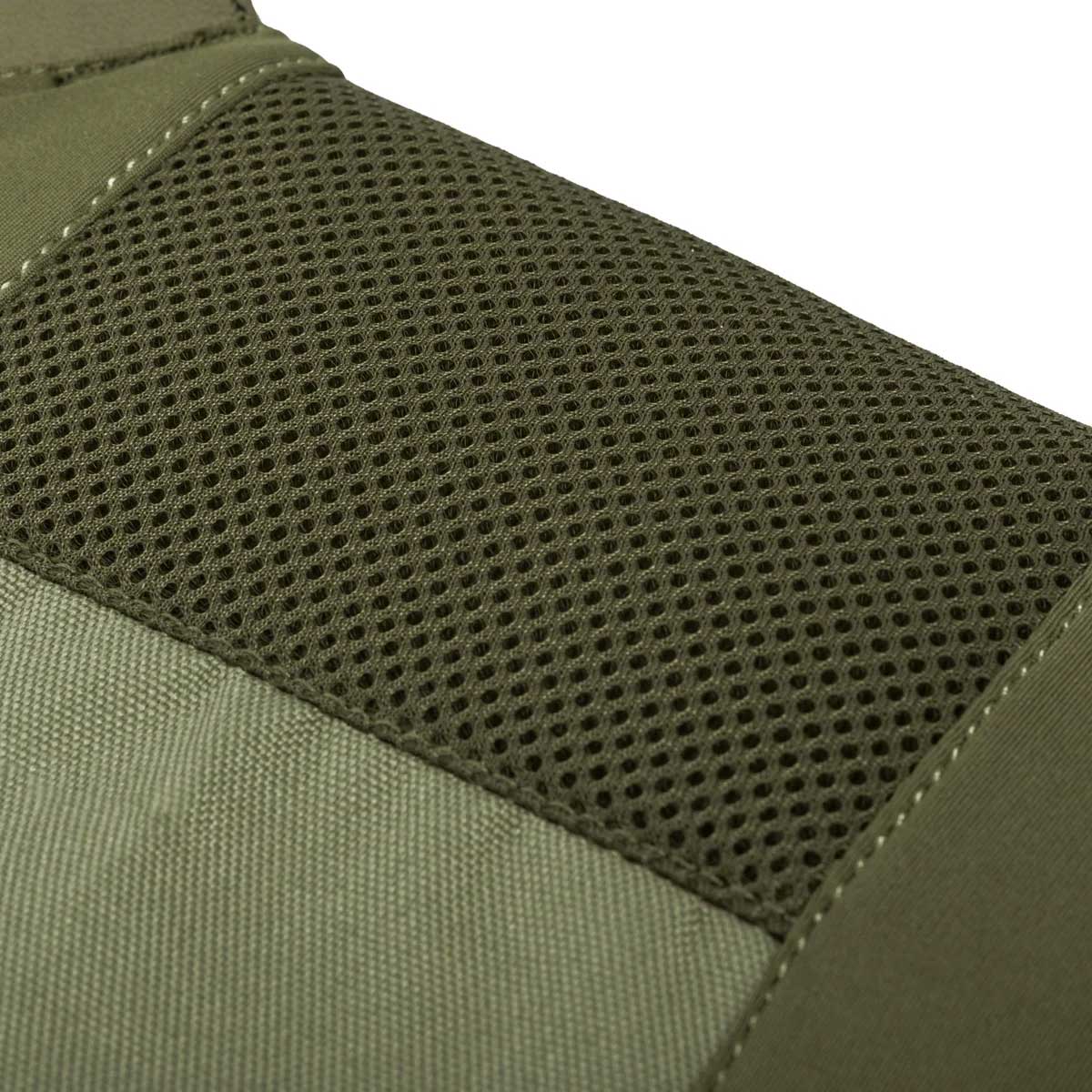 Close up of breathable mesh olive green BSX Plate Carrier LC for airsoft and paintball on a white background