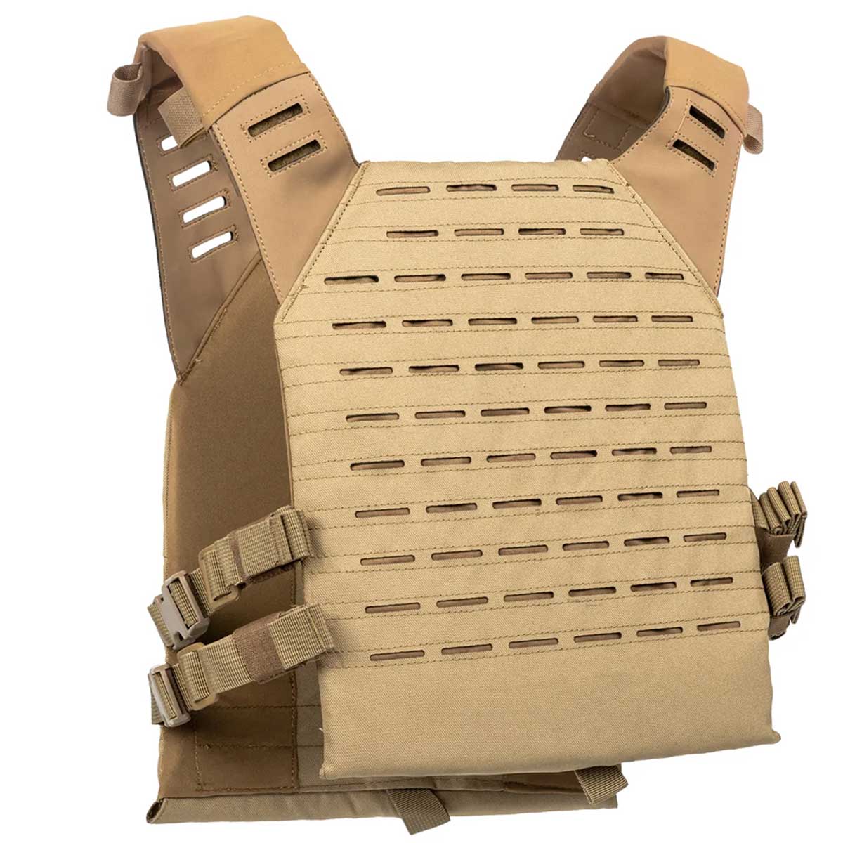 Back angle of tan BSX Plate Carrier LC for airsoft and paintball on a white background