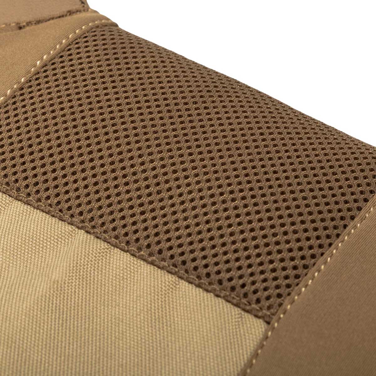 Breathable mesh detail of tan BSX Plate Carrier LC for airsoft and paintball on a white background