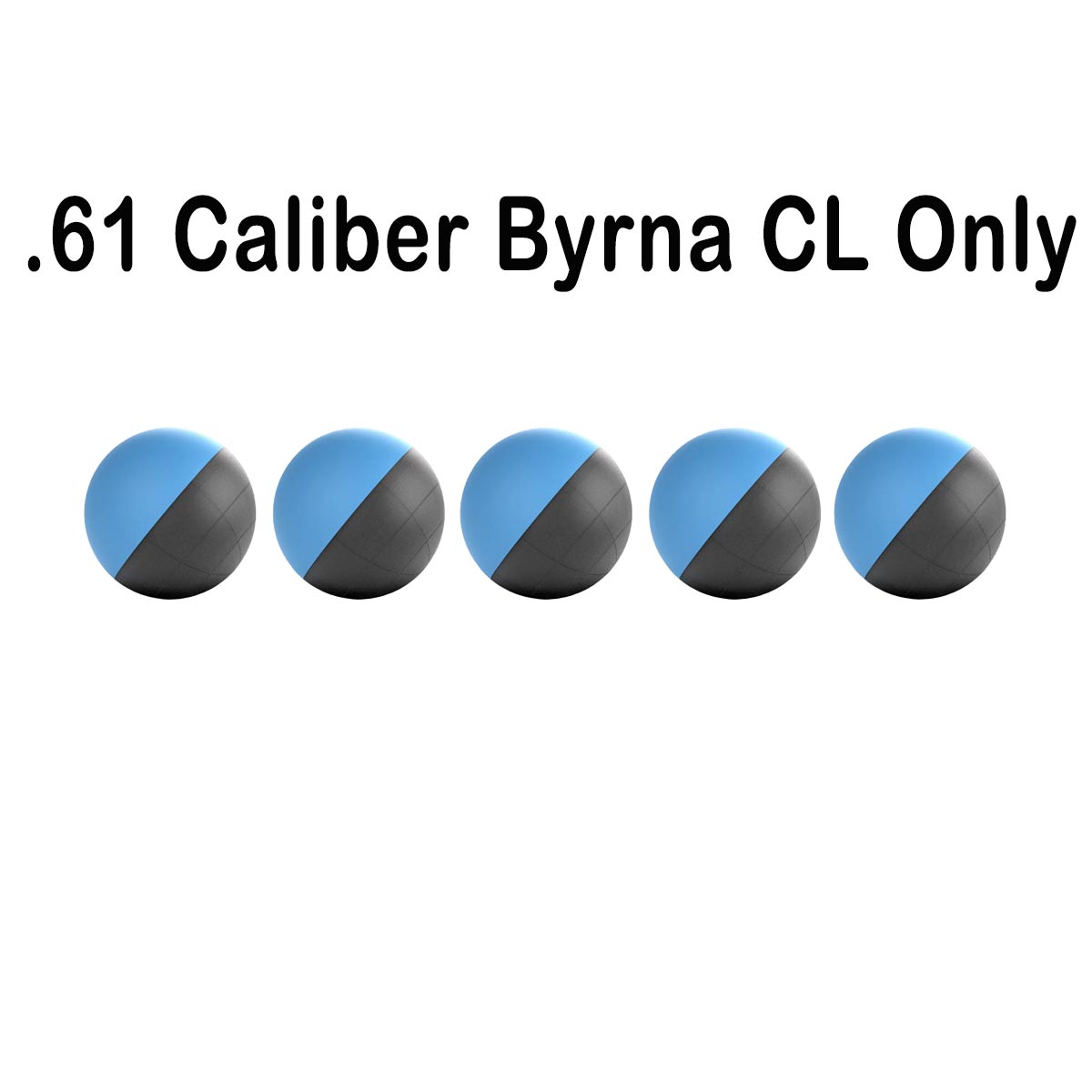 A series of five .61 caliber Byrna CL pepper rounds arranged horizontally, with blue and gray coloration indicative of the product description.