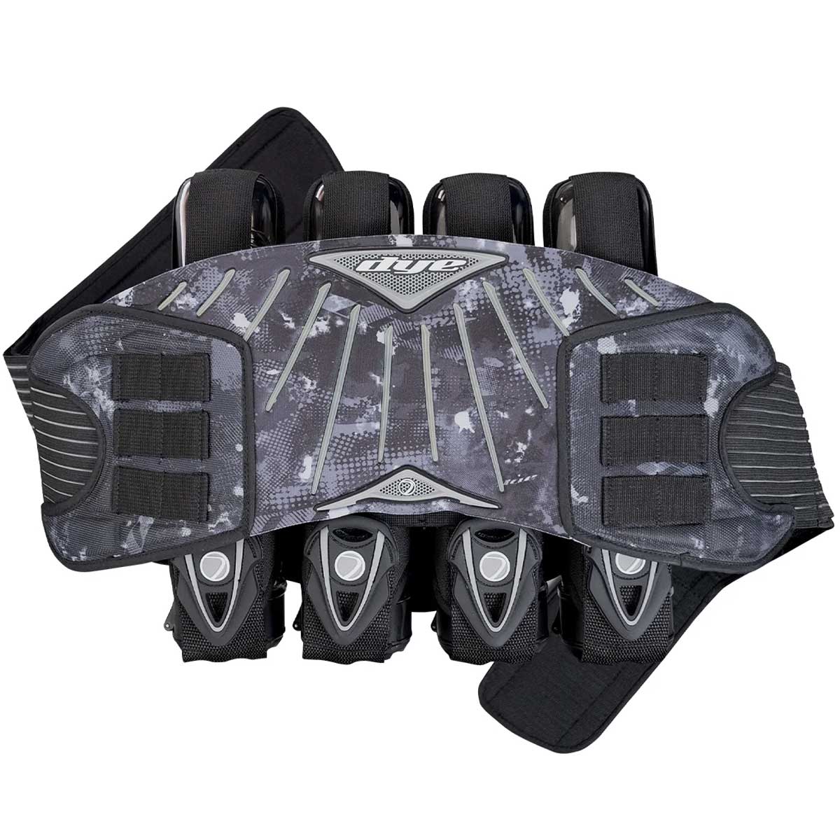 A black and gray camouflage Dye Attack Pack Pro Paintball Harness Black Dye Cam shown against a plain white background.