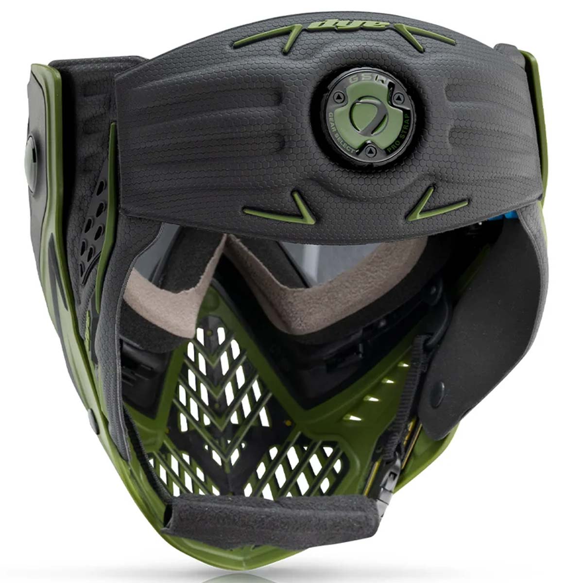 Back of the green and black Dye I5 Paintball Goggle Mask Tactical Olive featuring the GSA strap on a white background.