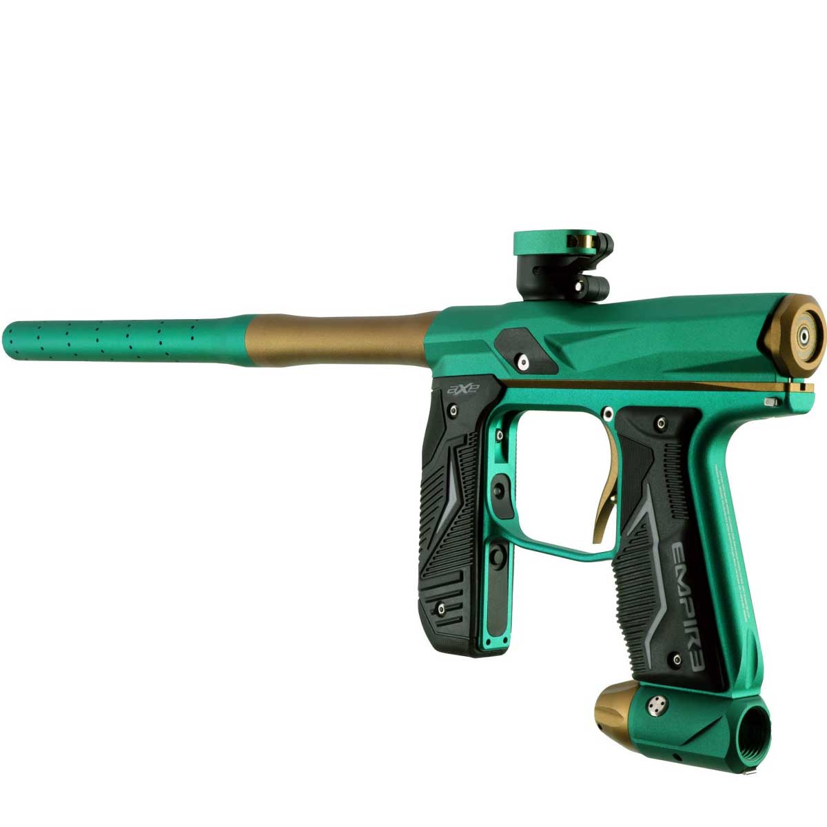 Back left side angle of an Empire Axe 2.0 Teal Bronze Paintball gun Empire branding on a white background