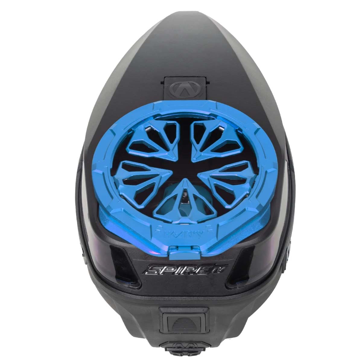 Blue HK Army Evo Pro Metal Speed Feed for Virtue and Bunkerkings paintball loader hopper on a closed hopper.