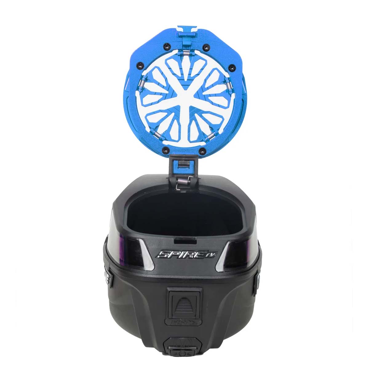Blue HK Army Evo Pro Metal Speed Feed for Virtue and Bunkerkings paintball loader hopper on a open hopper.