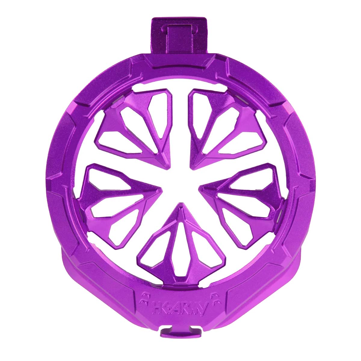 Purple HK Army Evo Pro Metal Speed Feed for Virtue and Bunkerkings paintball loader hopper on a white background.