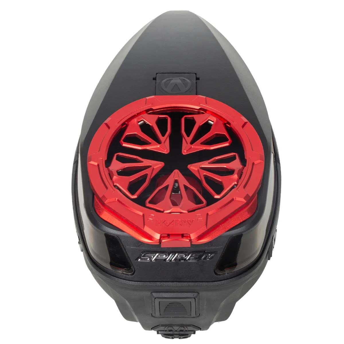 Red HK Army Evo Pro Metal Speed Feed for Virtue and Bunkerkings paintball loader hopper on a Virtue loader.
