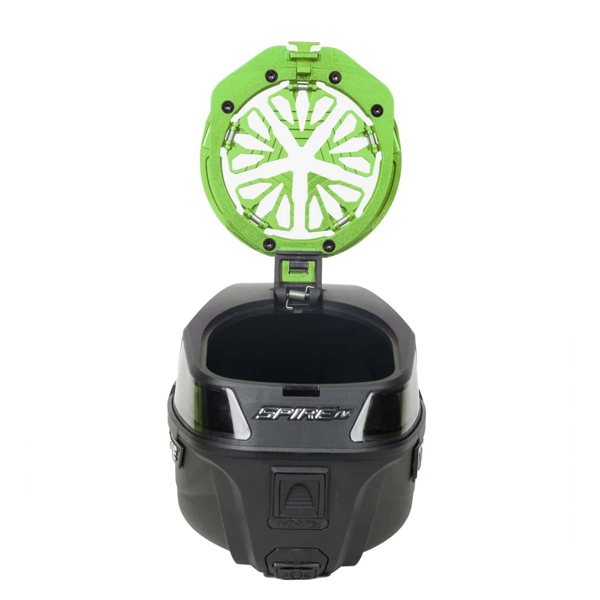 Neon lime green HK Army Evo Pro Metal Speed Feed for Virtue and Bunkerkings paintball loader hopper on an open Virtue hopper.