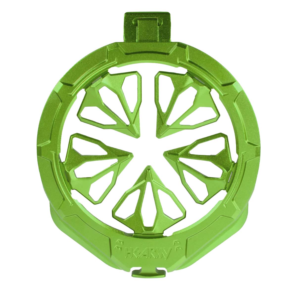 Neon lime green HK Army Evo Pro Metal Speed Feed for Virtue and Bunkerkings paintball loader hopper on a white background.