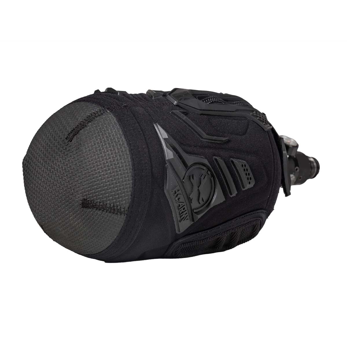 Bottom view Black HK Army Hardline Armored padded neoprene Tank Cover with zipper and velcro for 4500 psi air system.