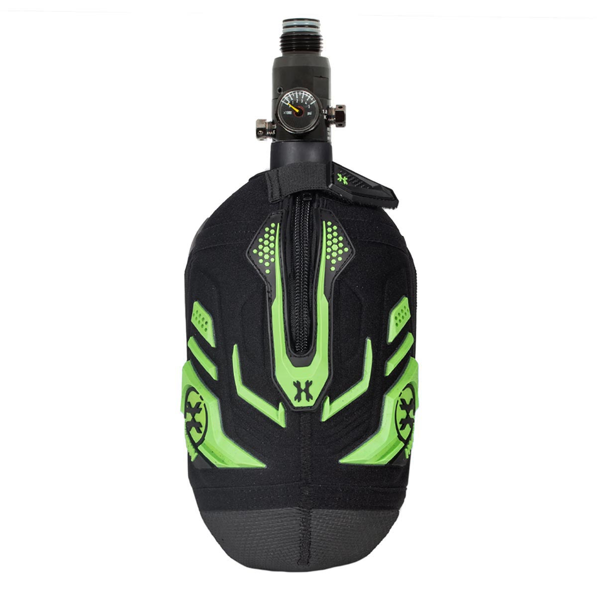 Zipper Energy Green and Black HK Army Hardline Armored padded neoprene Tank Cover with zipper and velcro for 4500 psi air system.