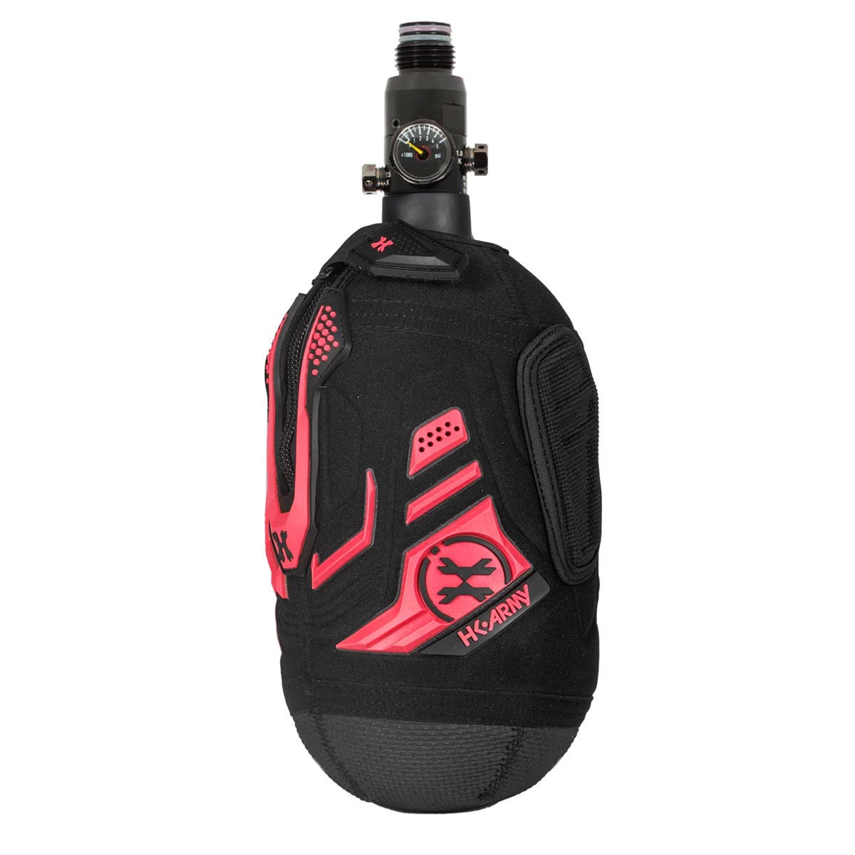 front side Red and Black HK Army Hardline Armored padded neoprene Tank Cover with zipper and velcro for 4500 psi air system.