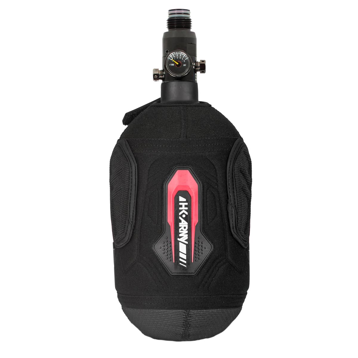 Logo side Red and Black HK Army Hardline Armored padded neoprene Tank Cover with zipper and velcro for 4500 psi air system.