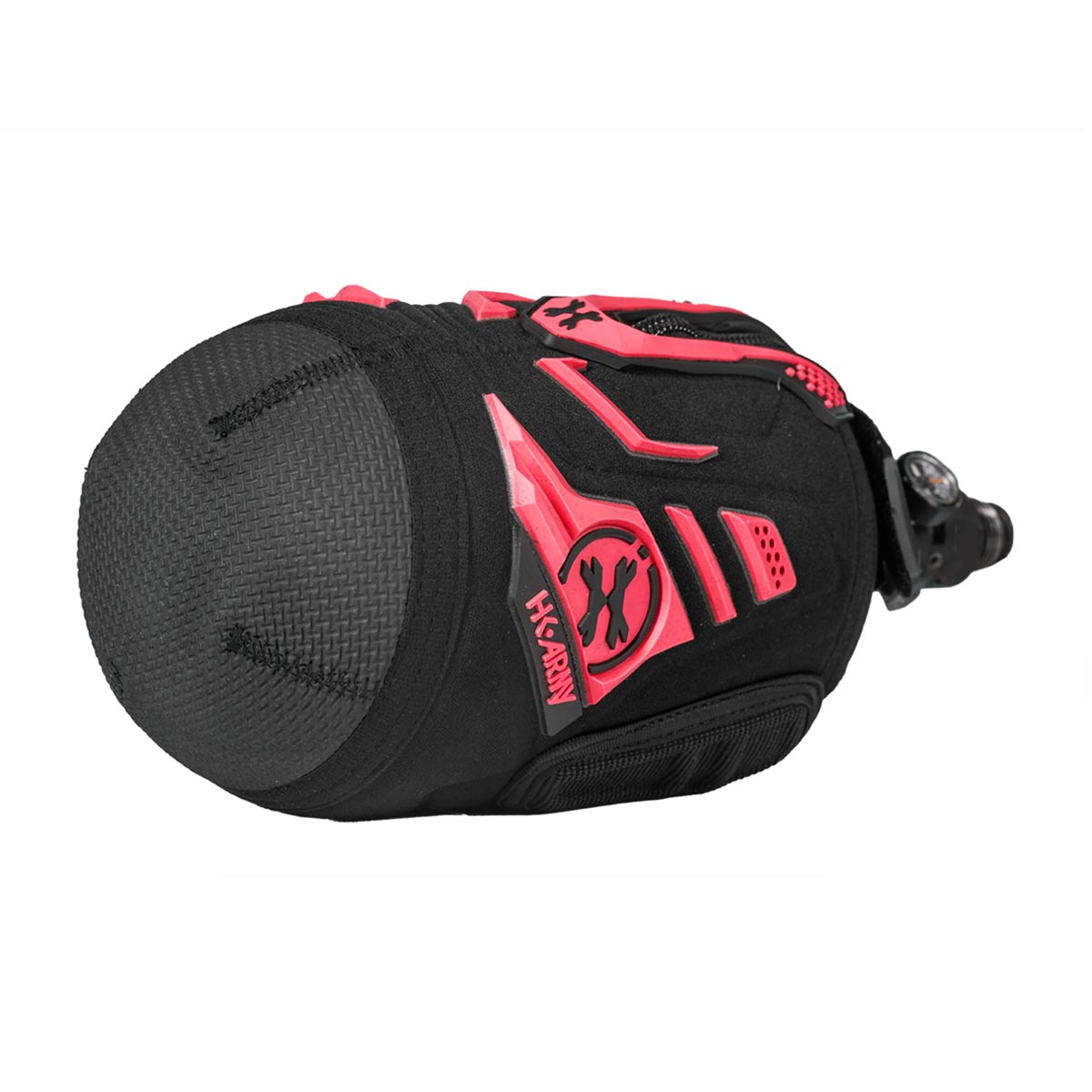 Bottom view Red and Black HK Army Hardline Armored padded neoprene Tank Cover with zipper and velcro for 4500 psi air system.