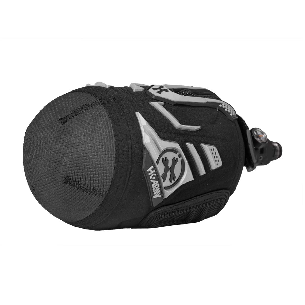 Bottom side Graphite black and grey HK Army Hardline Armored padded neoprene Tank Cover with zipper and velcro for 4500 psi air system.
