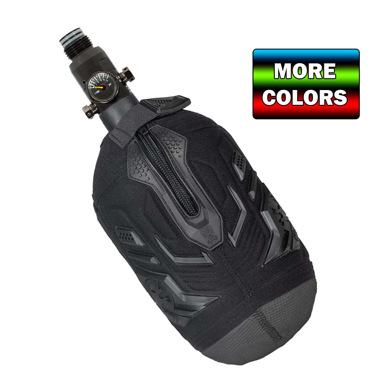 HK Army Hardline Armored padded neoprene Tank Cover with zipper and velcro for 4500 psi air system with a More Colors banner.