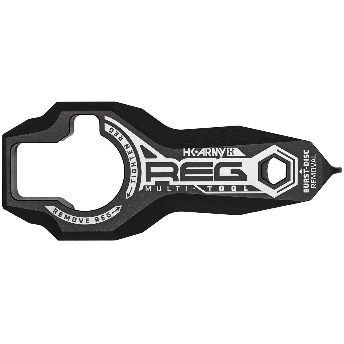 front of Black HK Army Regulator Multi Tool paintball and airsoft tank regulator remove on a white background