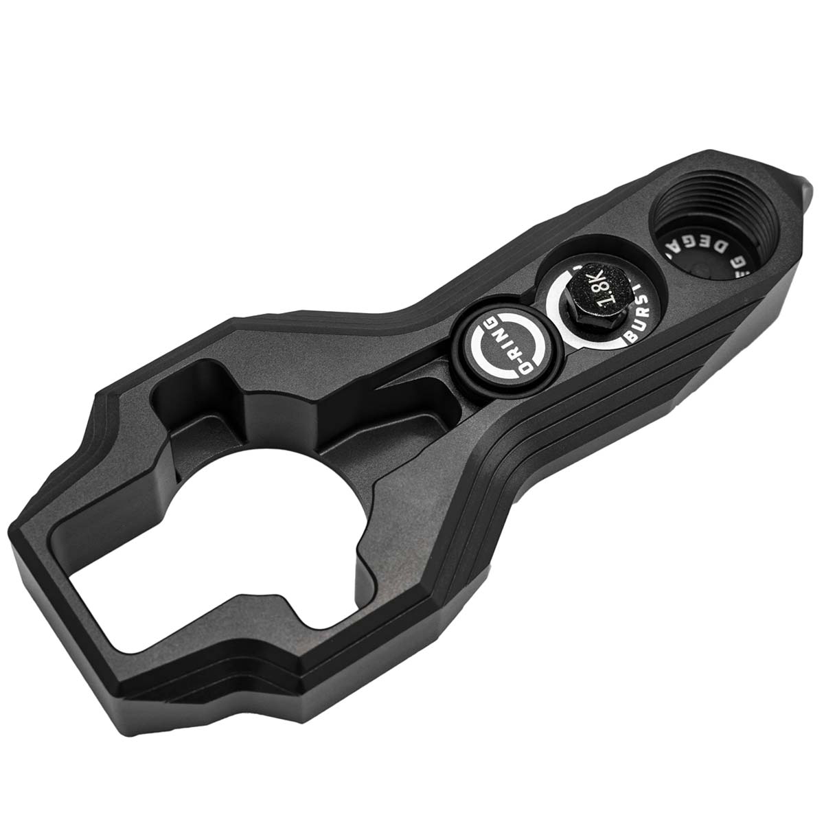 underside of Black HK Army Regulator Multi Tool paintball and airsoft tank regulator remove on a white background