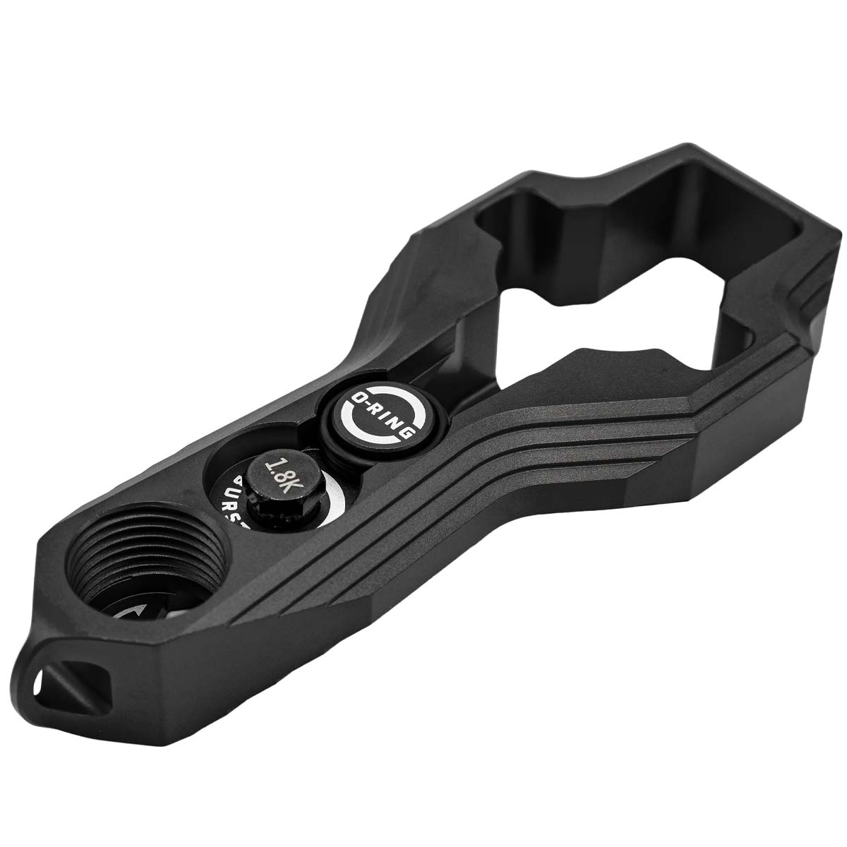 angled underside of Black HK Army Regulator Multi Tool paintball and airsoft tank regulator remove on a white background