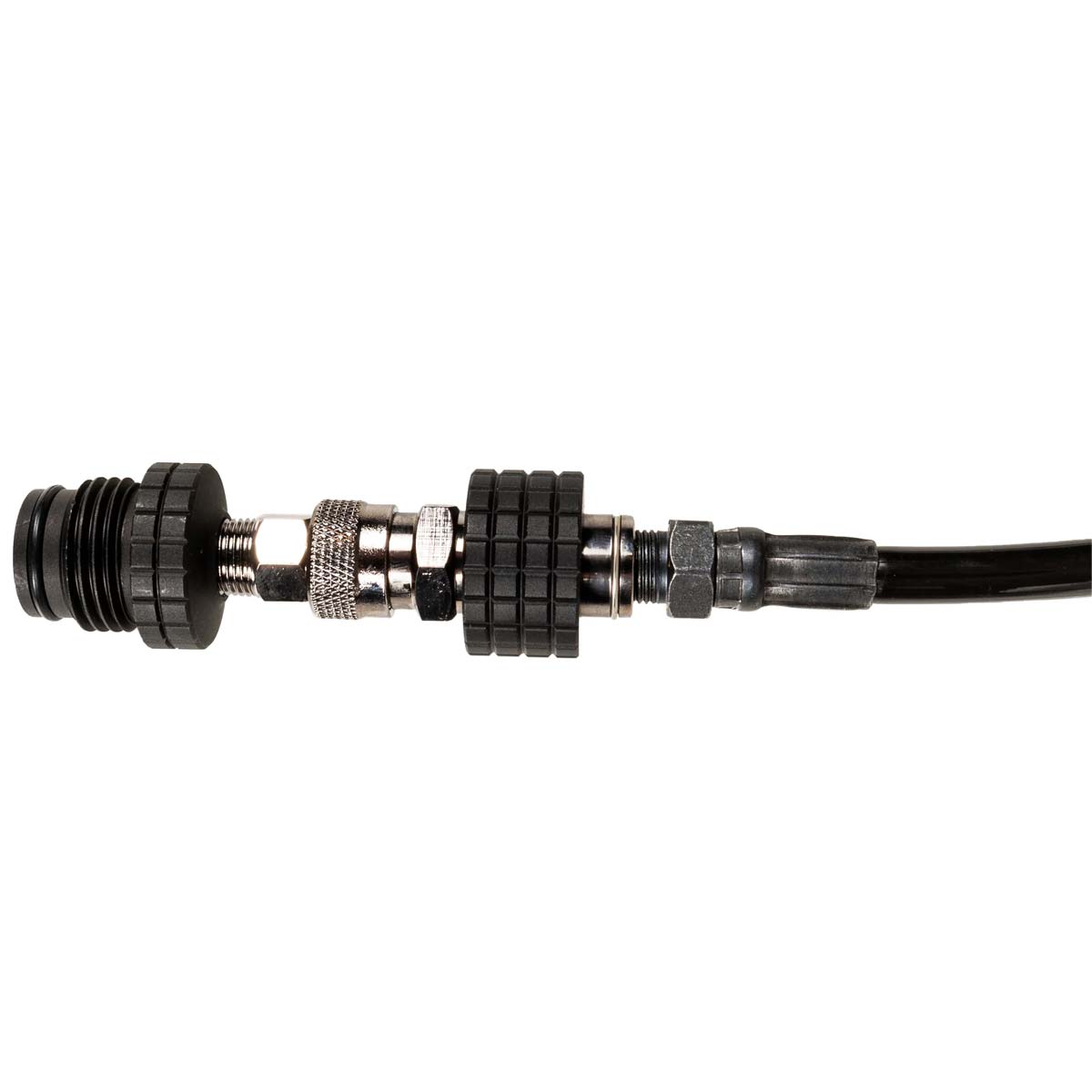black HK Army Remote Coiled Hose Line With Slide Check adapter end for paintball and airsoft air systems photographed on a plain white background.