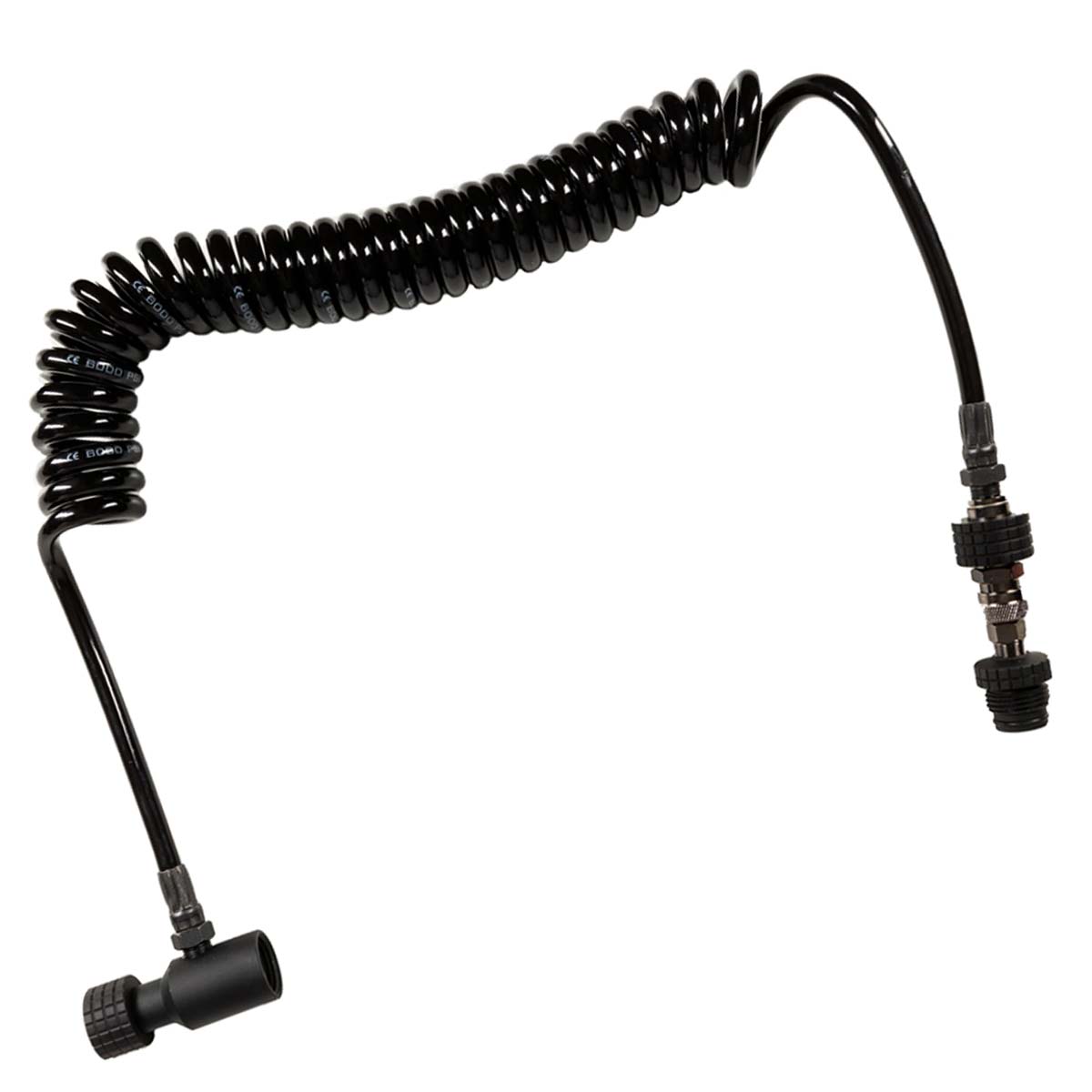black HK Army Remote Coiled Hose Line With Slide Check for paintball and airsoft air systems photographed on a plain white background.