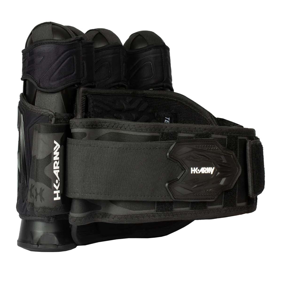 Side view Black HK Army Zero G 2.0 Harness 4+3+4 paintball pack on a white background.