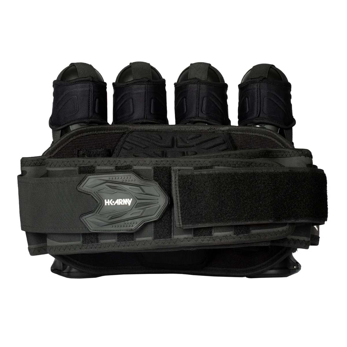 Back view Black HK Army Zero G 2.0 Harness 4+3+4 paintball pack on a white background.
