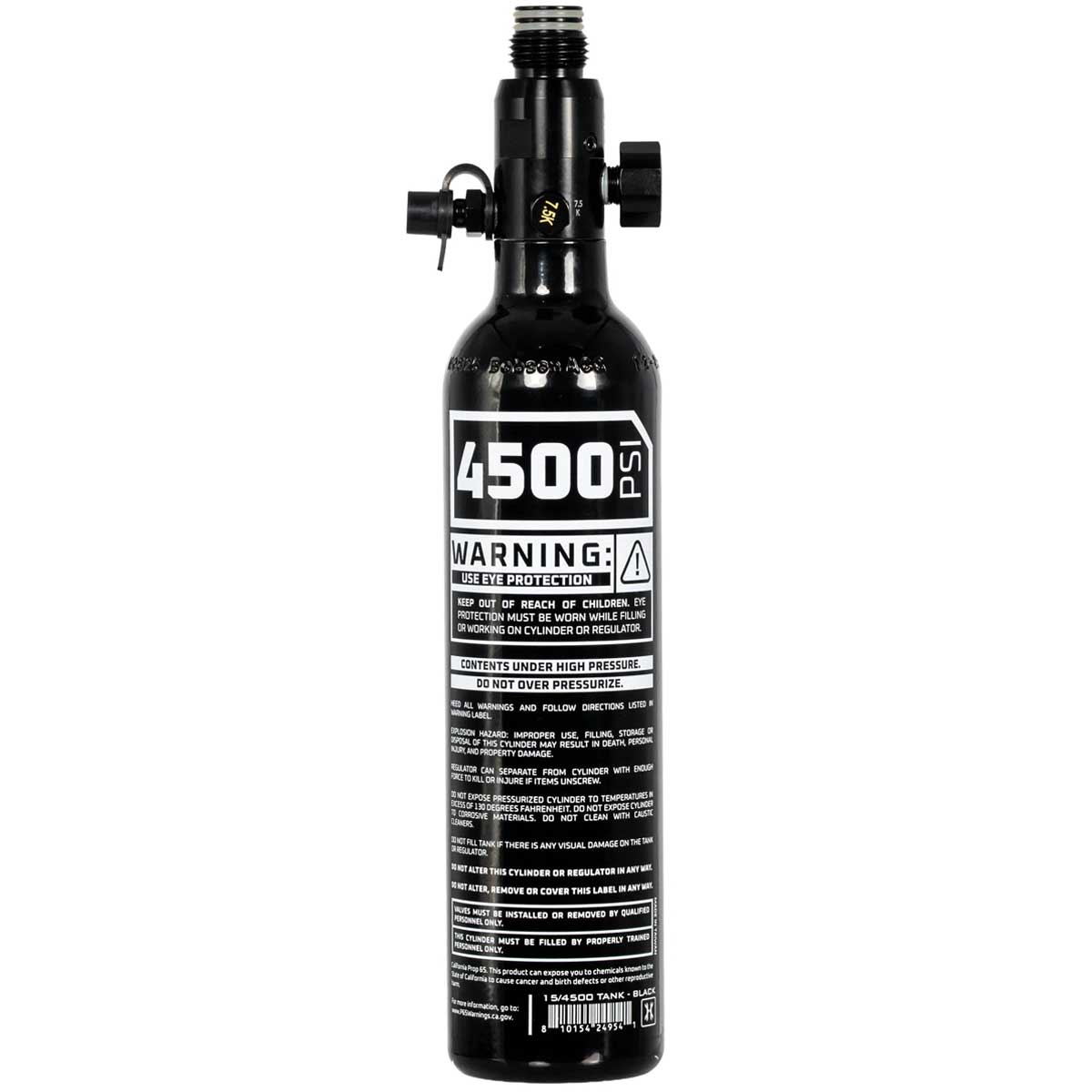 Back of Black and white HK Army 15ci 4500psi Aluminum Compressed Air Tank for paintball or airsoft on a white background
