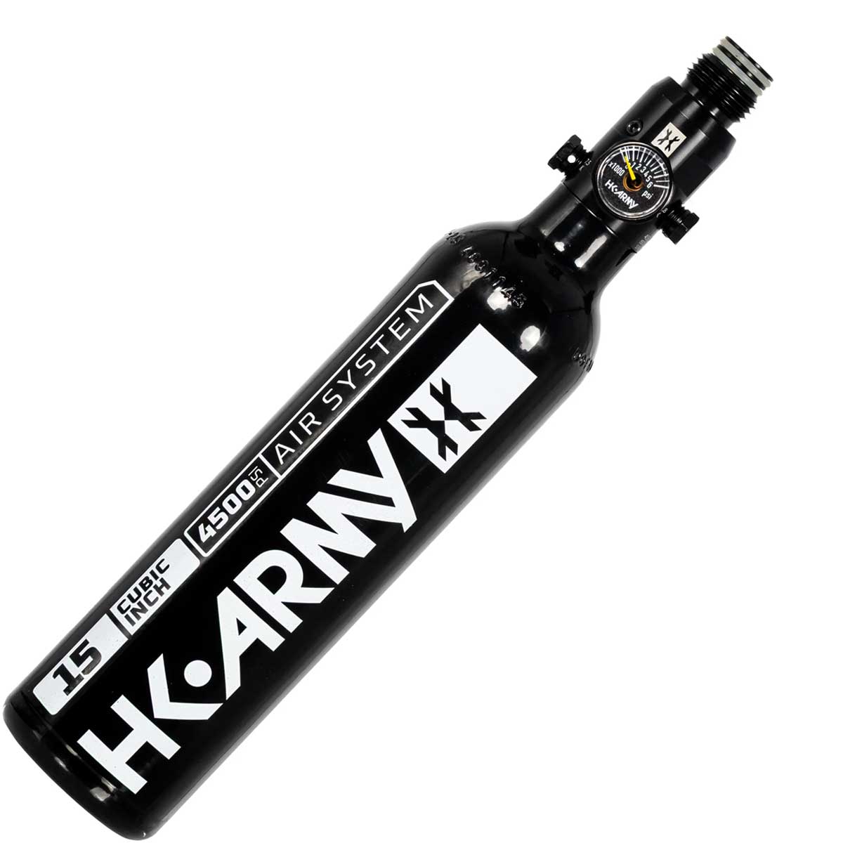 Black and white HK Army 15ci 4500psi Aluminum Compressed Air Tank for paintball or airsoft on a white background