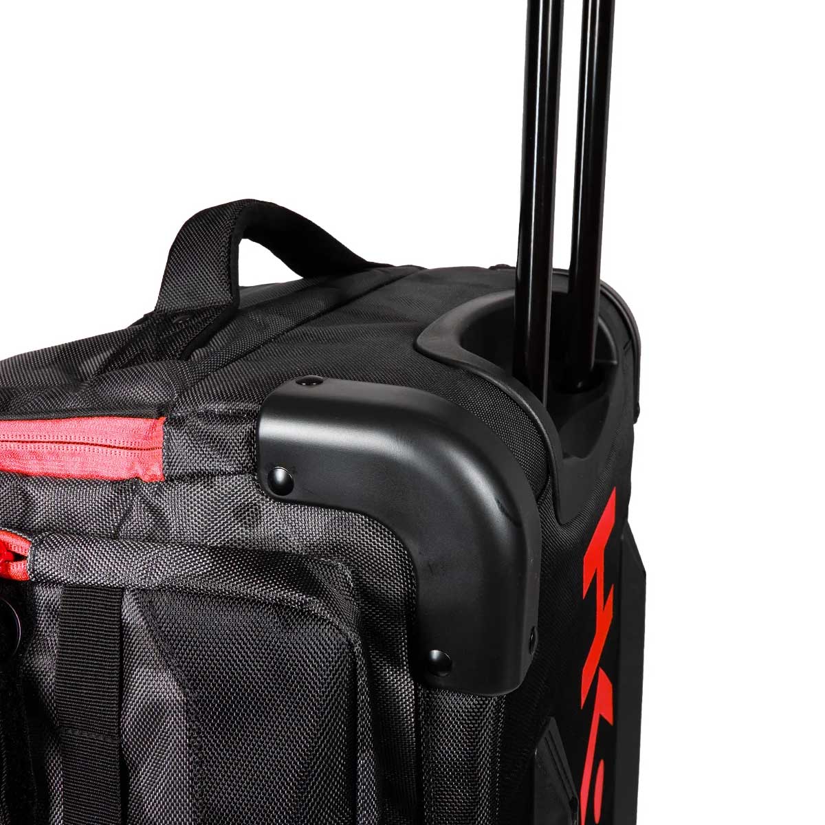 Close of handle and corner of HK Army Paintball Expand 75L Roller Gear bag Shroud Black Red on a white background