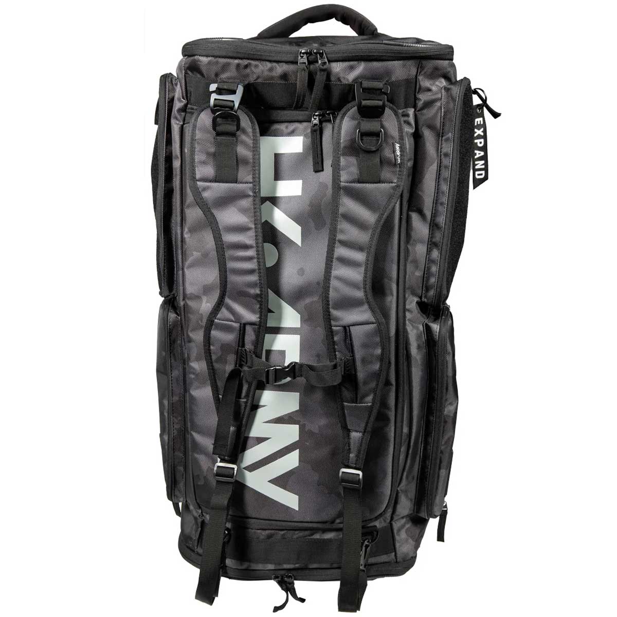 Back of a black and grey camo HK Army Expand 75L Roller Gear Bag Shroud Blackout against a white background