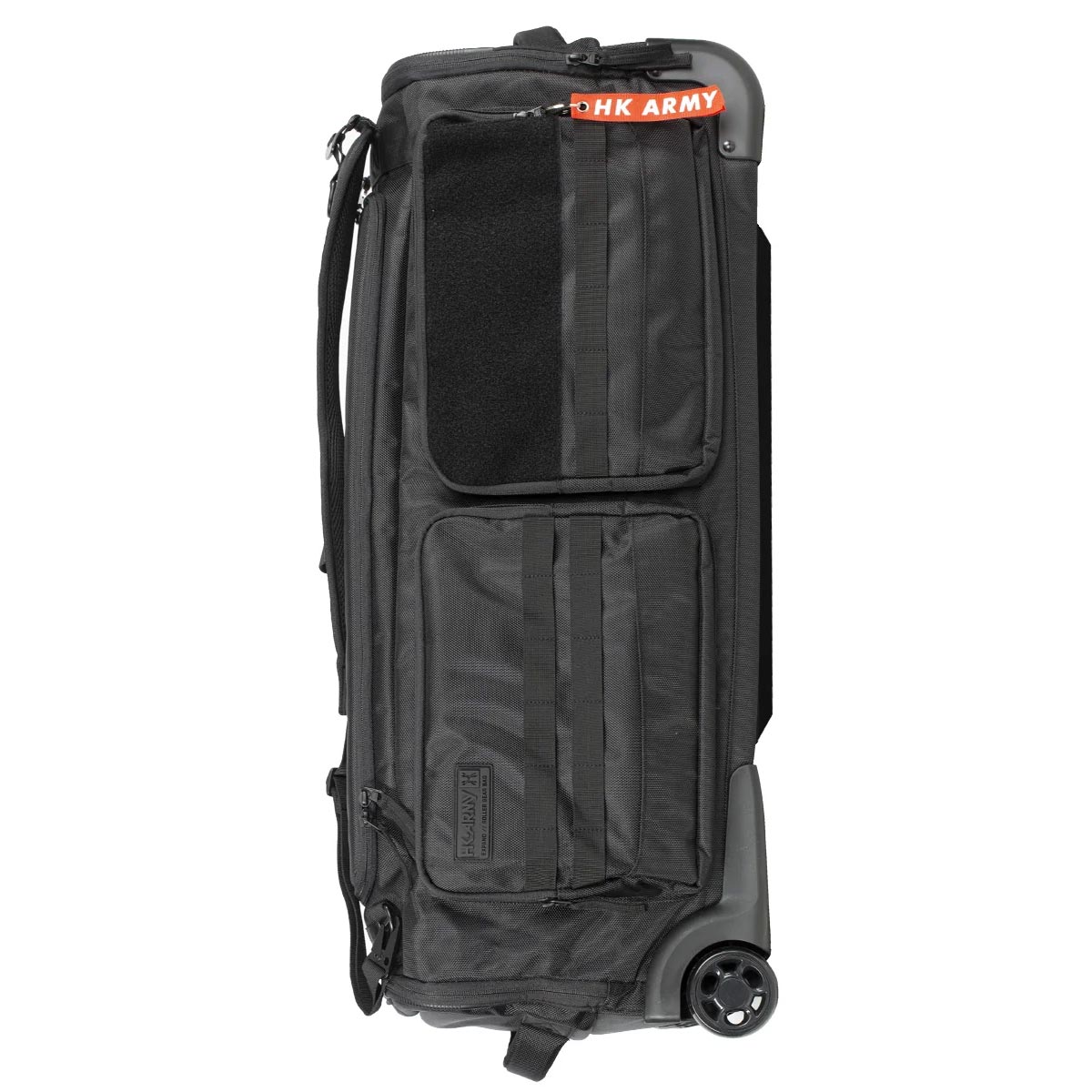 Side view All Black with white logo HK Army Paintball Expand 75L Roller Gearbag Stealth with extended handle and wheels on a white background.