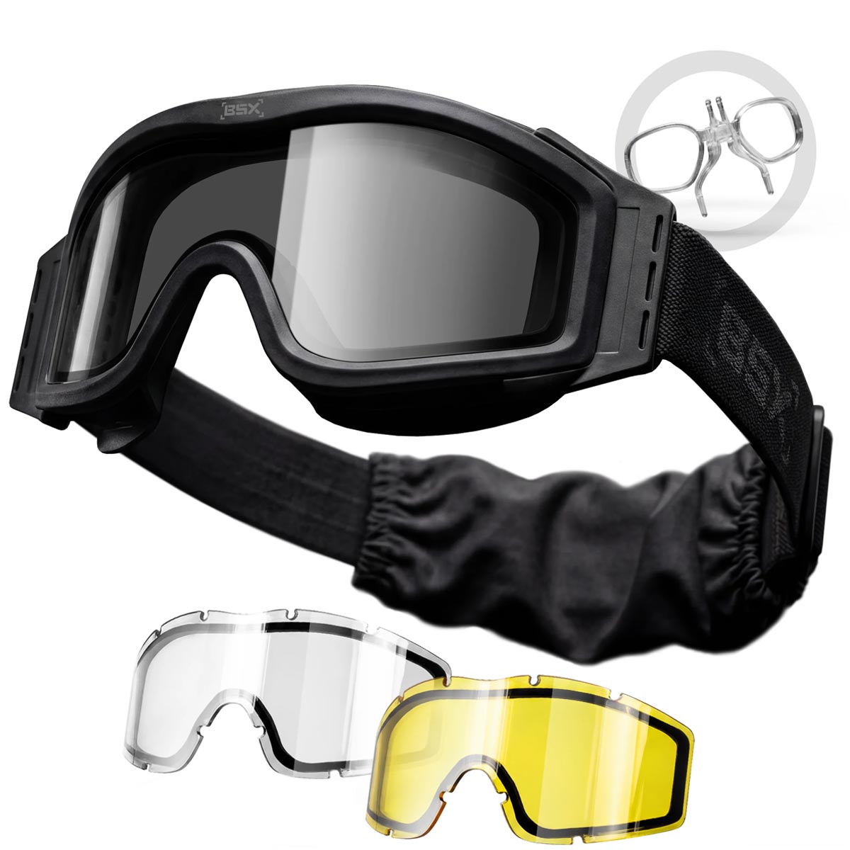 HK Army BSX Tango Airsoft Thermal Goggle with Multiple Lens shown with smoke lens installed, clear and yellow lens options and prescription glasses lens insert, all on a white background.