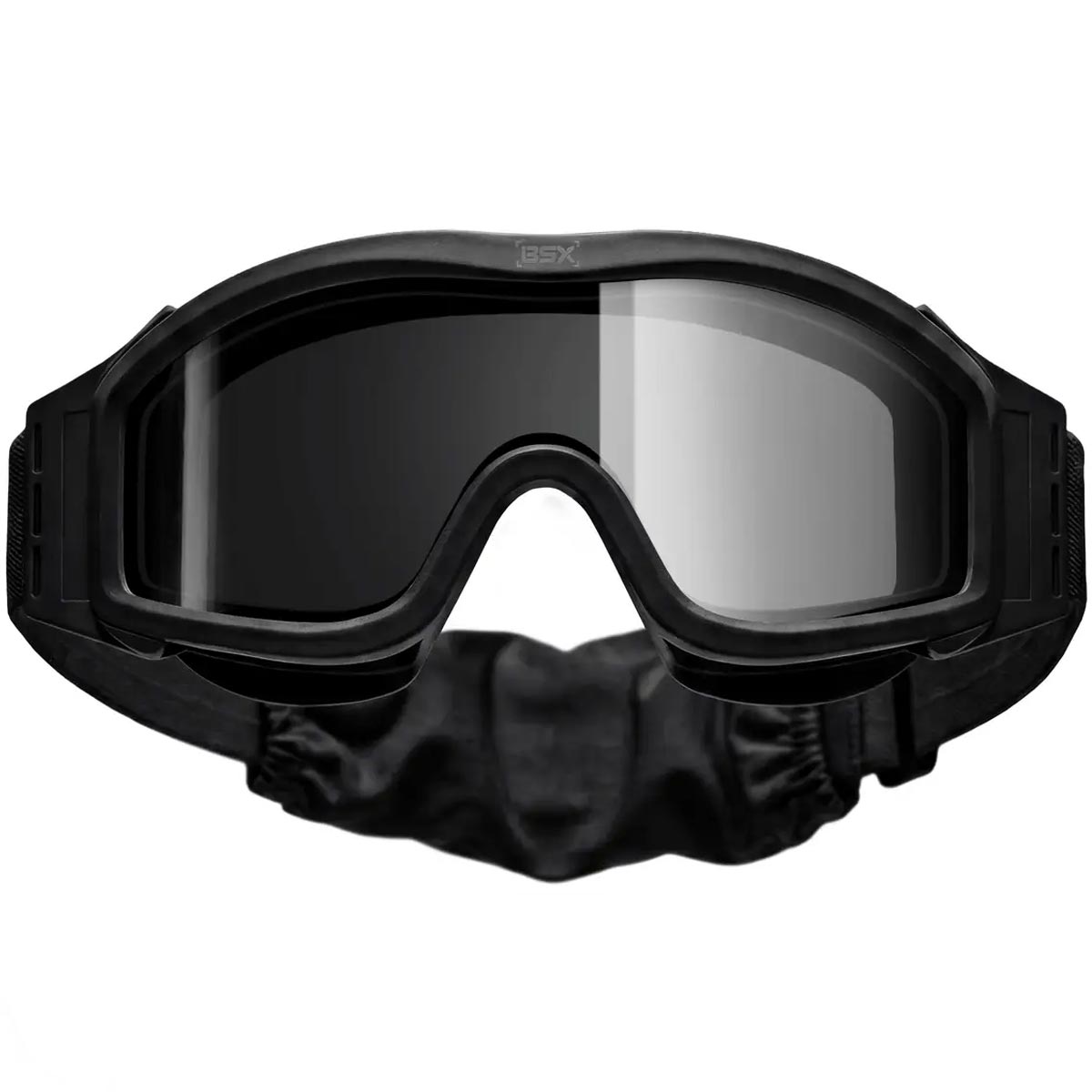 Front of BSX Tango Airsoft Thermal Goggle with Multiple Lens shown with smoke lens installed on a white background.