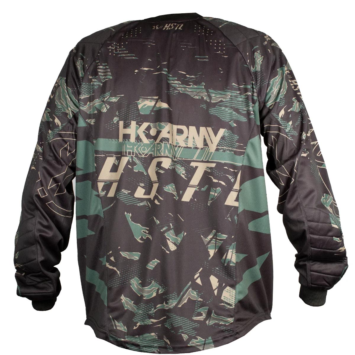 Back of Black green and tan HK Army HSTL Jersey Jungle Camo long sleeve on a white background