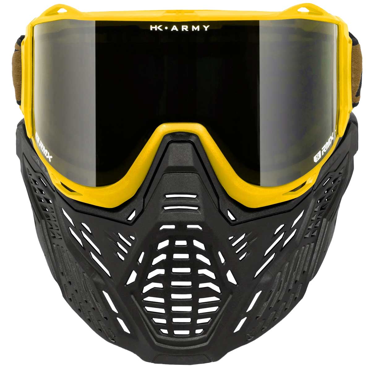 Front view HK Army RMX Thermal Paintball Goggles Black yellow Gold with smoke lens on a white background