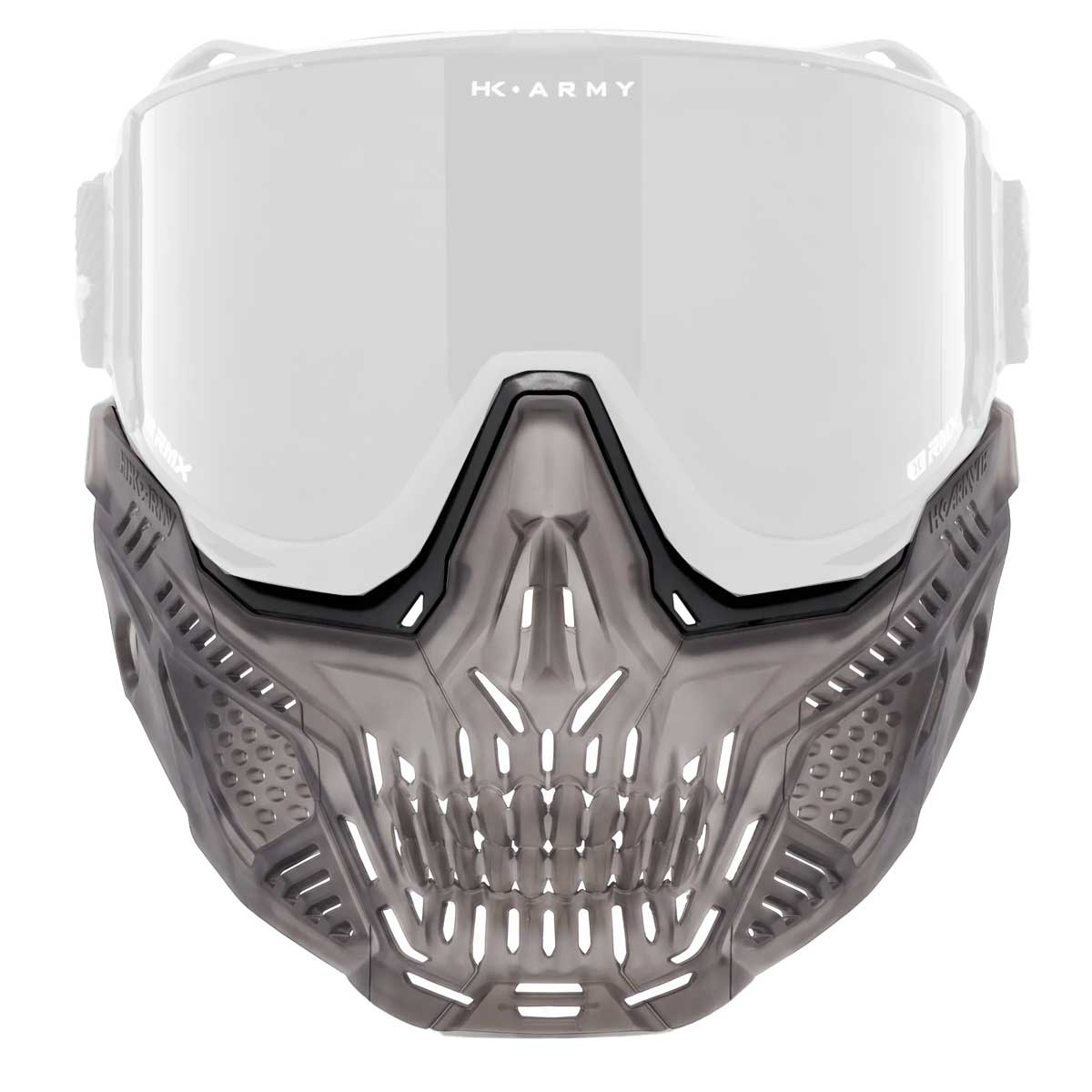 Front view of HK Army RMX Lower Terror Ghost Series Goggle Skirt Smoke with lens installed on a white background