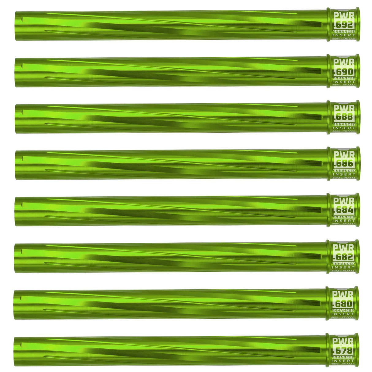Eight HK Army Vector PWR Barrel Inserts lime green on a white background