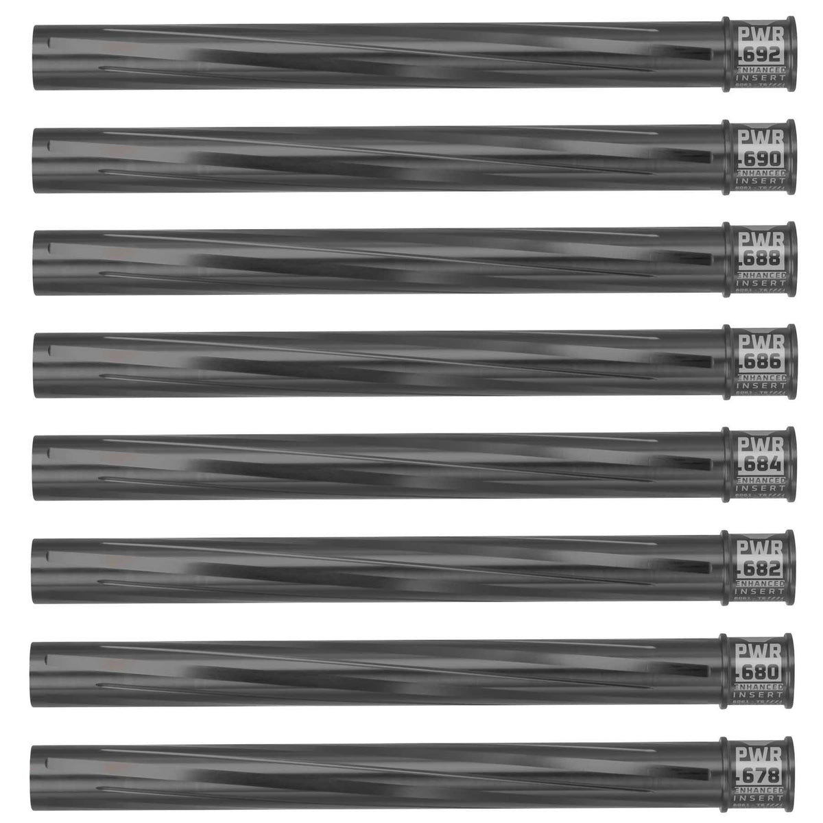 Eight HK Army Vector PWR Barrel Inserts grey pewter on a white background