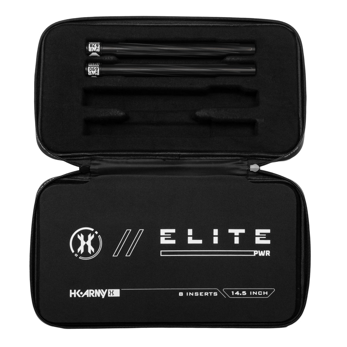 Two black HK Army Vector PWR Barrel Inserts for paintball in a case on a white background