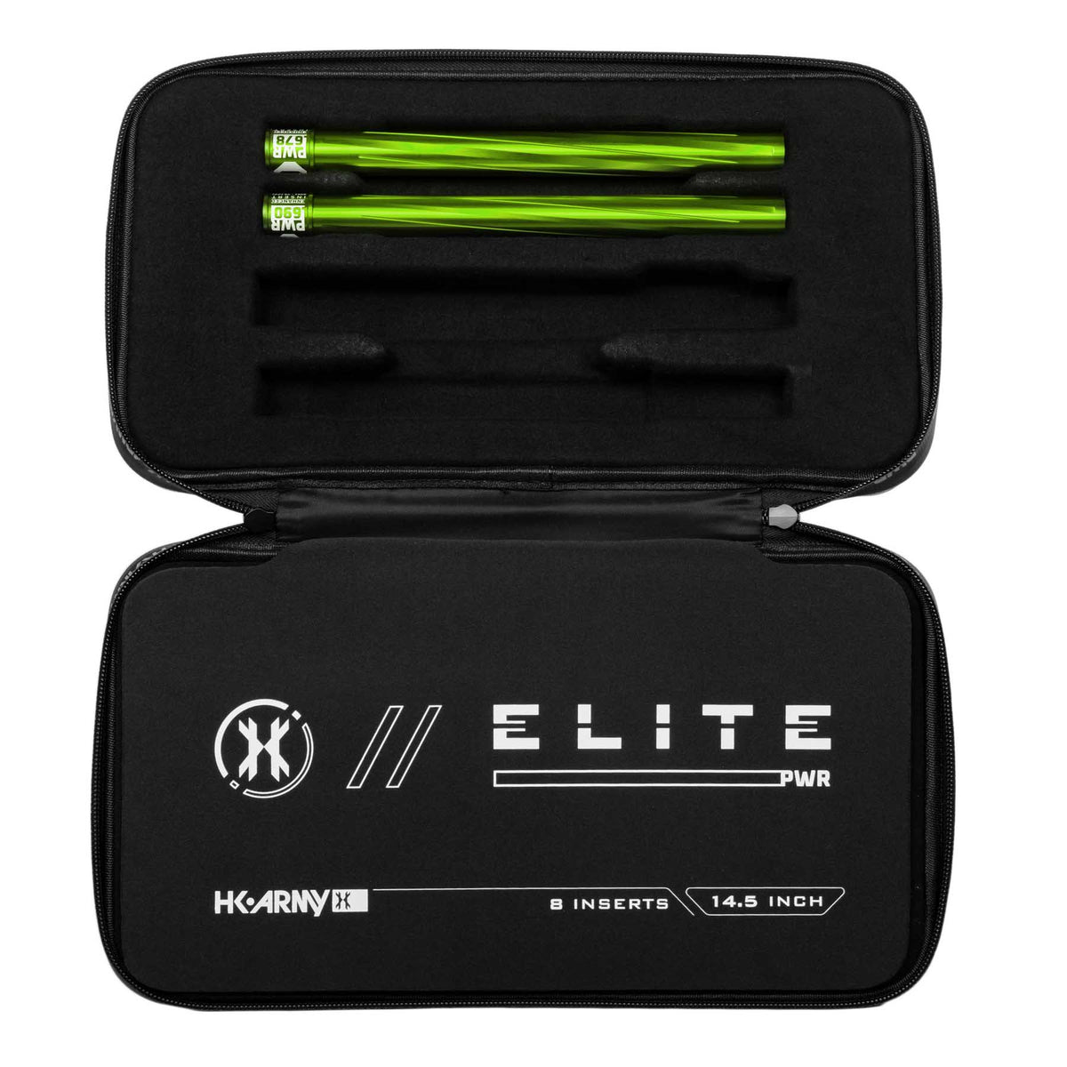 Two lime green HK Army Vector PWR Barrel Inserts for paintball in a case on a white background