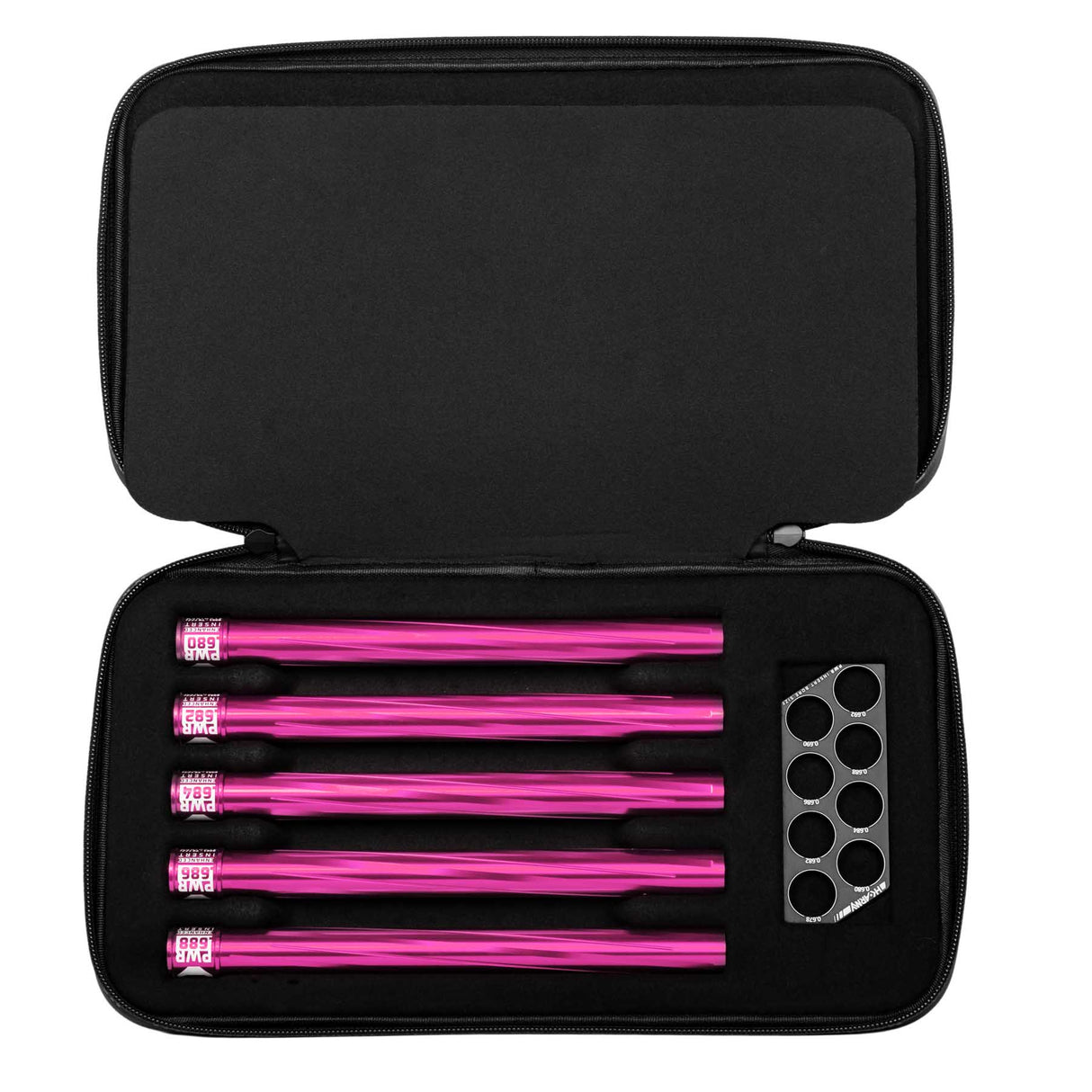 Five HK Army Vector PWR Barrel Inserts for paintball in a case with ball sizer pink on a white background