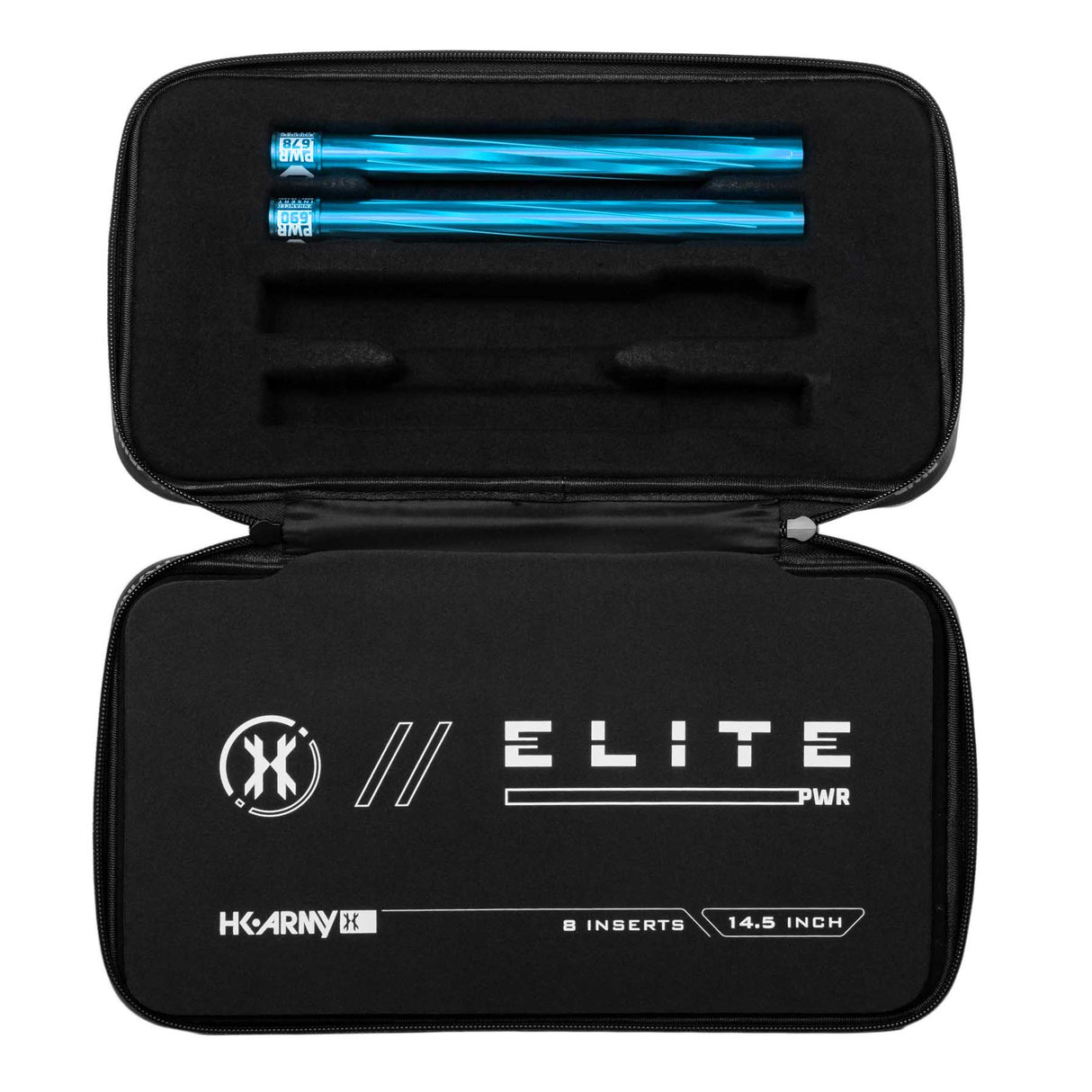 Two turquoise blue HK Army Vector PWR Barrel Inserts for paintball in a case on a white background