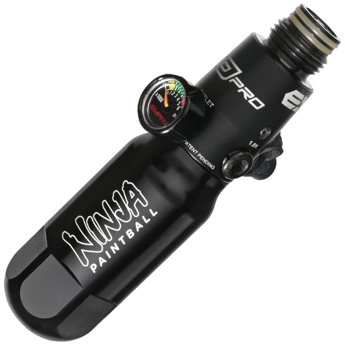 A black anodized aluminum Ninja Pocket Bottle 4500psi Reg Tester with white 'NINJA PAINTBALL' branding installed on a Empire FLO reg shown on a plain white background.