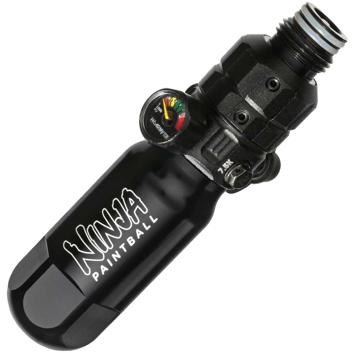 A black anodized aluminum Ninja Pocket Bottle 4500psi Reg Tester with white 'NINJA PAINTBALL' branding installed on a HK Army reg shown on a plain white background.