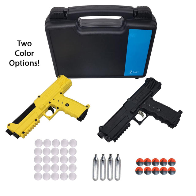 Two Salt Supply S1 Pepperball Pistol air guns, a black and blue case, and glass break projectiles and accessories on a white background.
