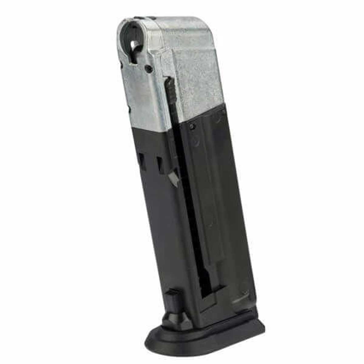 Left front side Black and silver T4E Walther PPQ .43 Cal 8rd CO2 Paintball Magazine on a white background