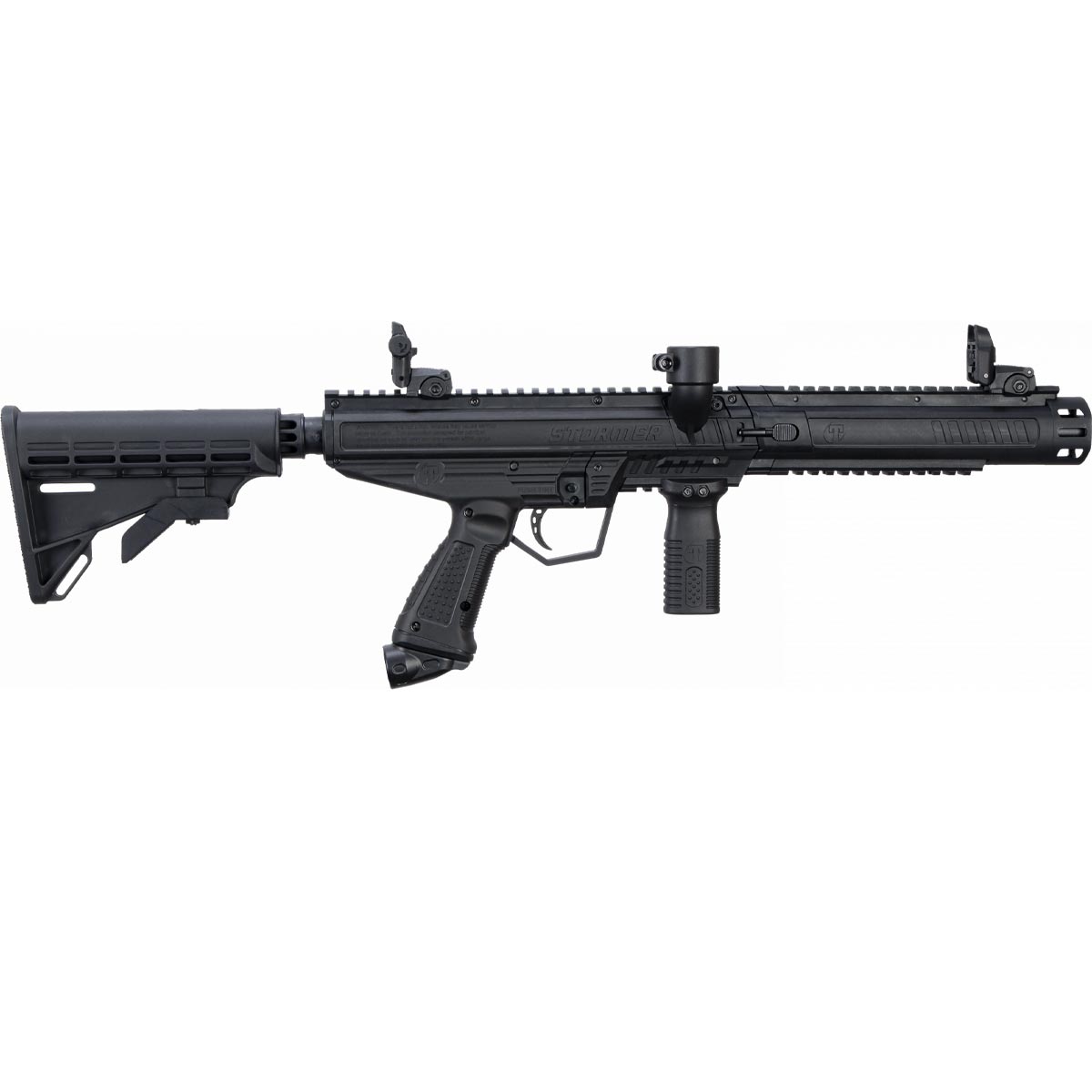 Right profile Tippmann Stormer Tactical beginner mechanical Paintball Marker Black on a white background