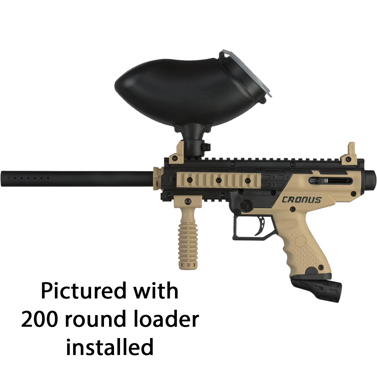 Left side Tippman Cronus Basic beginner mechanical paintball maker with a gravity loader hopper on a white background